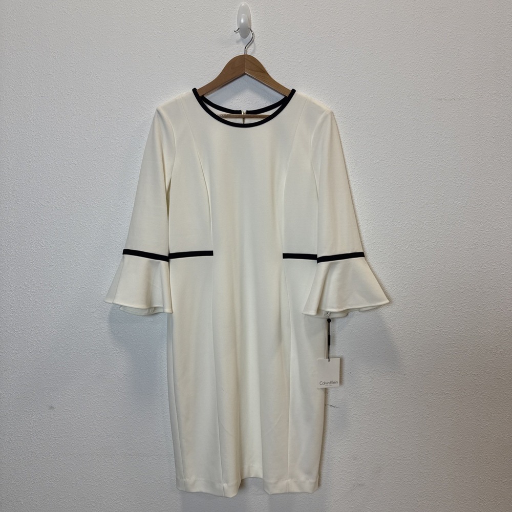 Calvin Klein White Sheath Dress, Black Piping,‎ Bell Sleeve Size 14 NWT